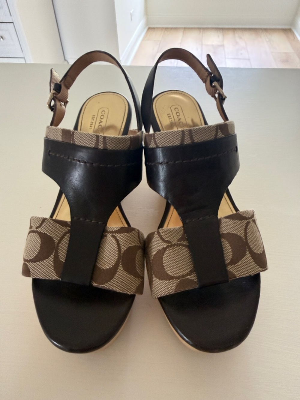 Coach Brown Canvas Logo & Leather T-Strap Slingback Sandals
